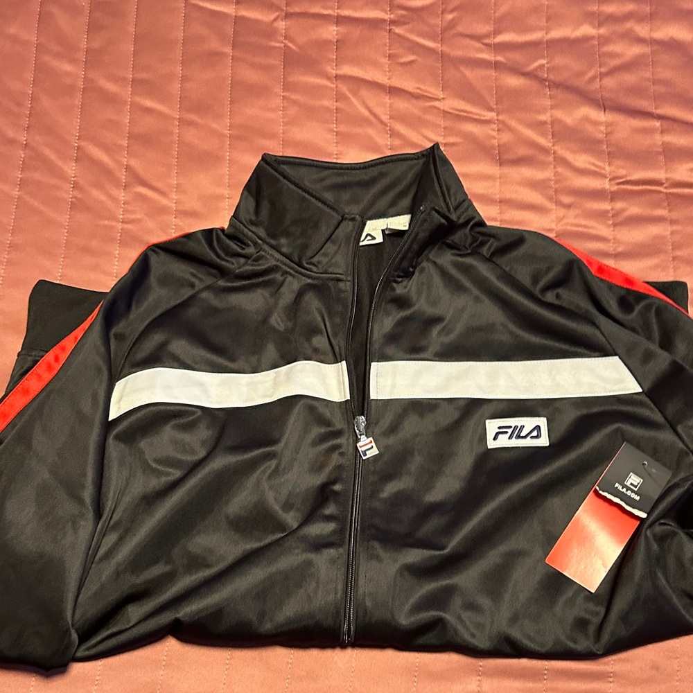 Fila Black Windbreaker with Red and White Stripes